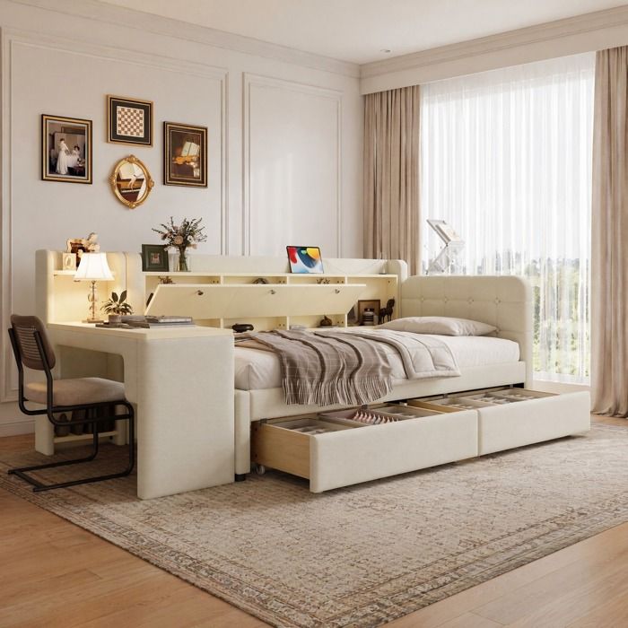 Lit banquette 90 x 200 cm avec bureau 2 tiroirs rangements USB et USB-C sommier inclus beige