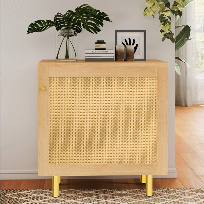 Buffet bas 1 porte 60 x 40 x 63 cm décor rotin tressé aspect bois naturel pieds en métal doré MDF naturel