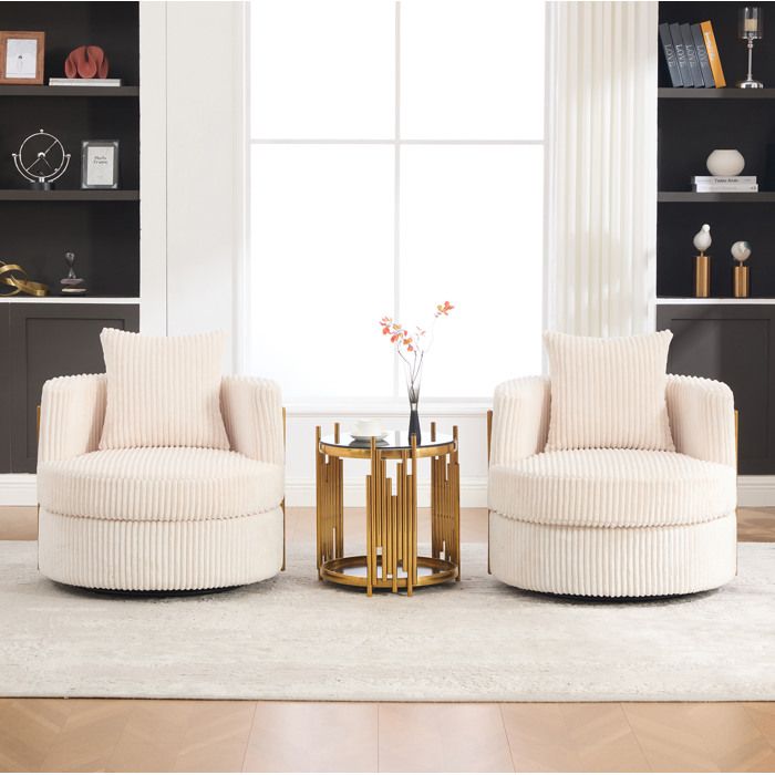WUVRIE Fauteuil pivotant 360° en corduroy beige avec rangement sous l’assise 76 x 79 x 78 cm