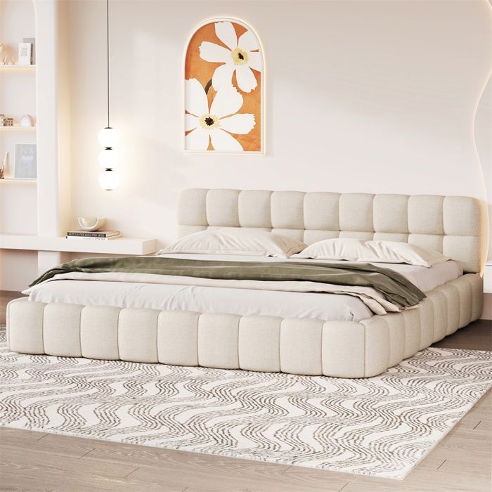 Lit Double 160x200 cm - Lit Adulte en Tissu Lin Beige avec Tête de Lit Capitonnée  & Sommier Lattes - Sans matelas