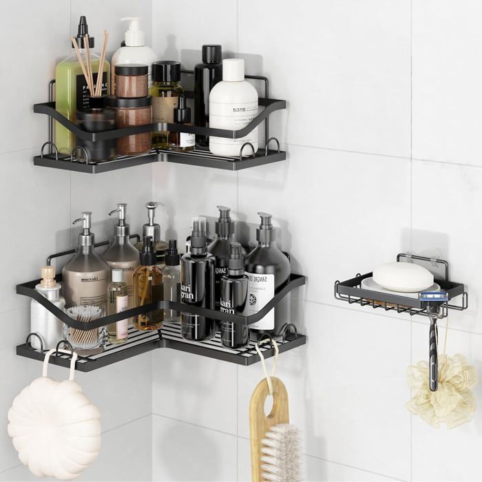 Etagere Angle Douche Sans Percage 3 Pièces Rangement Douche Angle et Porte Savon Porte Shampoing Support Gel Douche
