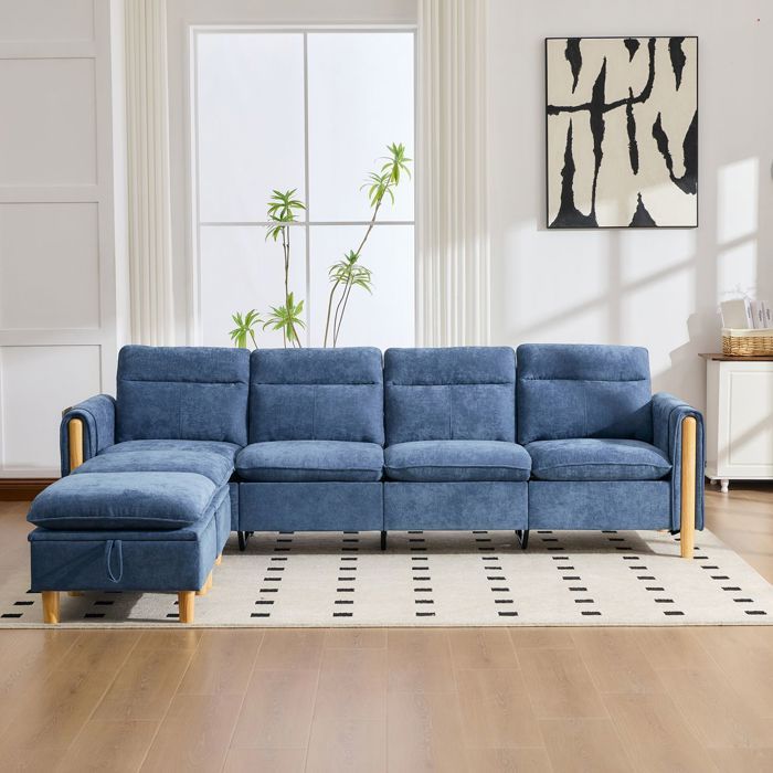 Canapé modulable en U - SOGEU - Modèle U 4 places - Chenille bleue - Poufs coffre - Pieds bois massif