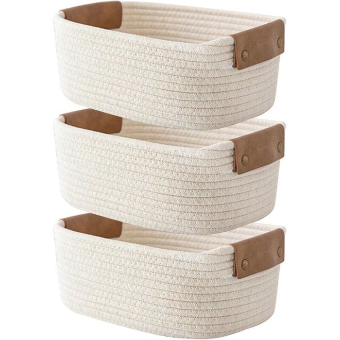 Lot de 3 Paniers Rangement Tressés en Coton Beige Corbeilles Organisateur pour Salle Bain Chambre dEnfant et Salon Petit