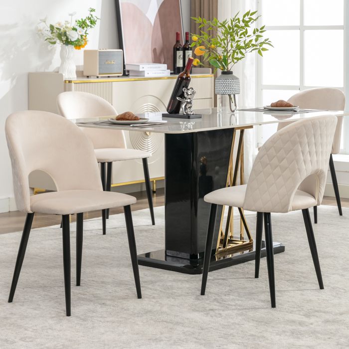 Chaise de salle à manger rembourrée en velours beige - Lot de 4 pièces - Dossier - Structure en métal - Pieds réglables