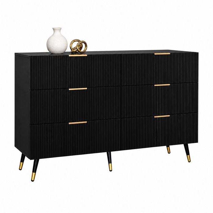 Buffet bas – 6 tiroirs – Noir et or – Façade texturée – 120 cm