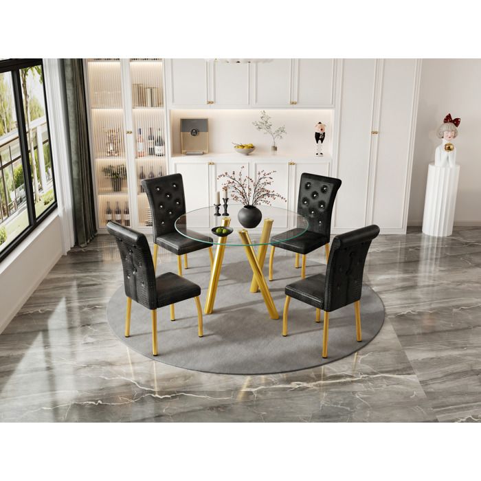 Maisentiel Ensemble repas 5 pièces pour 4 personnes table ronde en verre trempé chaises noires en PVC