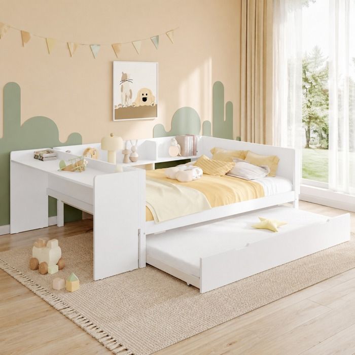 Lit gigogne avec bureau 140x200 cm blanc avec étagères sans matelas en pin et MDF à monter soi-même ORVRYN