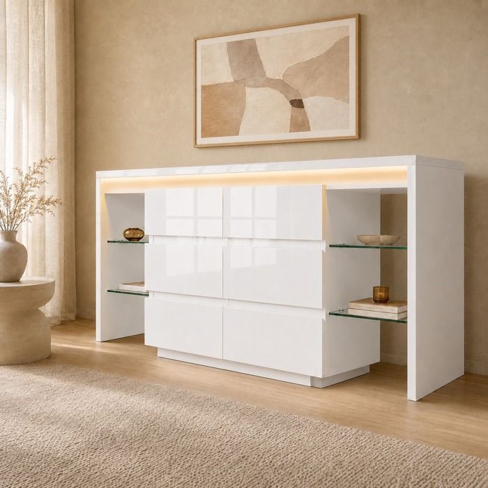 Buffet Bahut bas brillant 155×40×80cm Commode bois Meuble de rangement salon avec LED 4 étagères en verre 6 tiroirs blanc