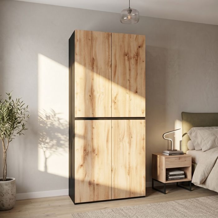 Armoire laquée 4 portes avec tringle et 2 tiroirs armoire de chambre enfant Meuble haut Armoire de scandinave 90x50x200cm-Bois