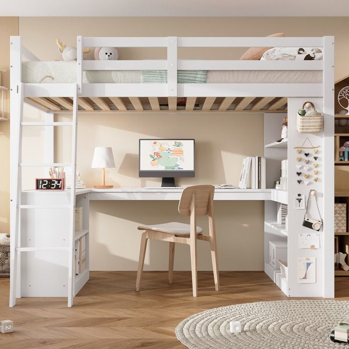 Lit mezzanine enfant blanc 90x200 cm en bois avec étagère rampe de sécurité tissu en feutre et échelle pour chambre et aire de jeu