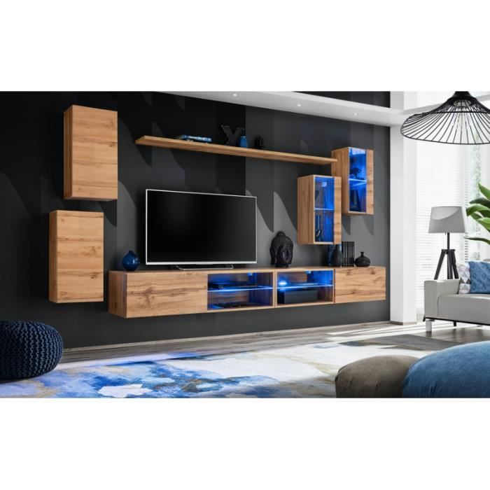 ensemble meuble tv mural switch xxv - ac-déco - marron - 2 portes - design contemporain