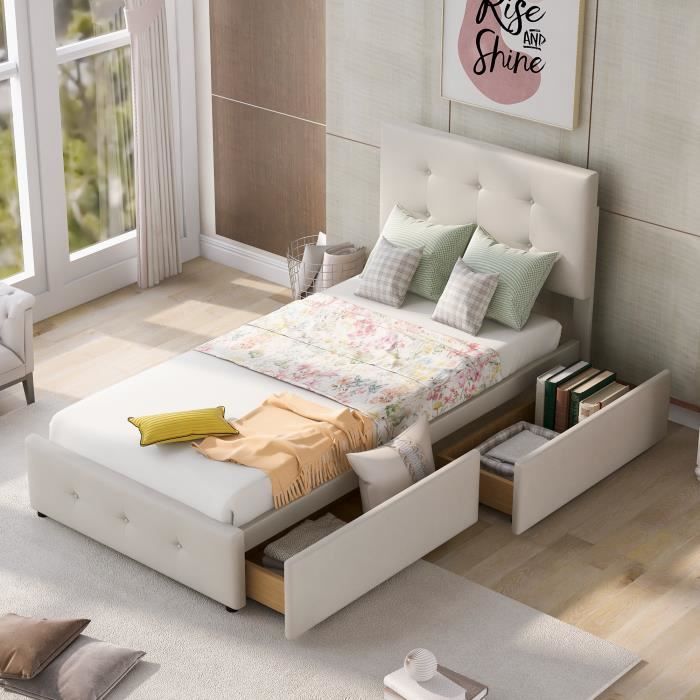lit capitonné 90 x 200 cm, avec dossier et deux tiroirs, velours, beige, lit simple sans matelas, lit rembourré