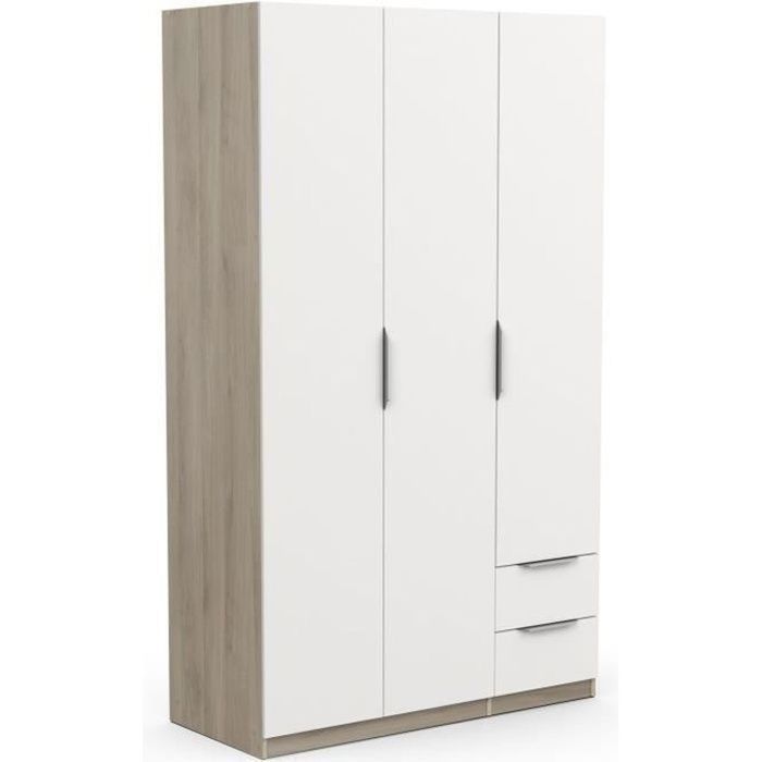 Armoire GHOST - Décor chêne kronberg et blanc mat - 3 Portes + 2 Tiroirs - L.119,4 x P.51,1 x H.203 