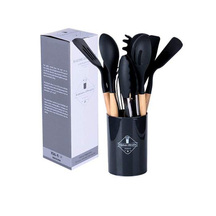 Set De 36 Ustensiles De Cuisine En Silicone Noir - Manches Bois, Antiadhésifs, Résistants à La Chaleur