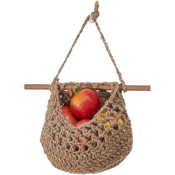 Panier à Fruits Suspendu Mural - Tissé En Coton, Blanc - Dimensions 24x28 Cm, Bâton En Bois 33 Cm