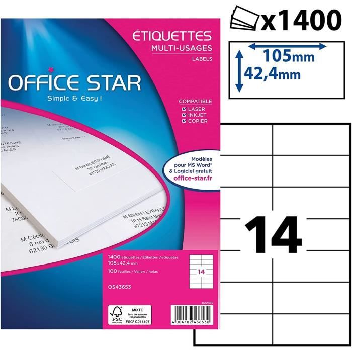Étiquettes autocollantes Benza sur feuille A4 - 105 x 37 mm - 16 autocollants par