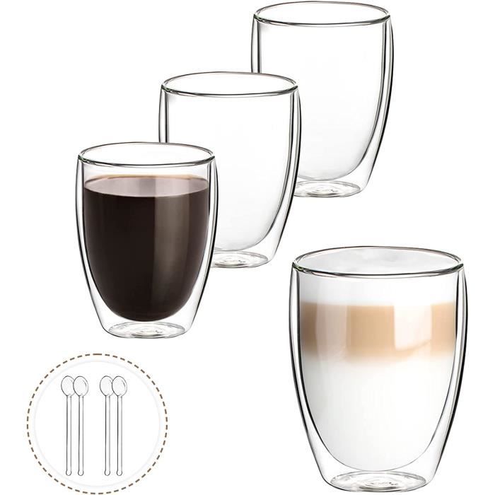 À Double Paroi Lot de 4-350ml à Café avec Cuillère en Verre tasse en Verre  Borosilicate pour Cappuccino, Latte, Espresso, Thé, A144 - Cdiscount  Electroménager