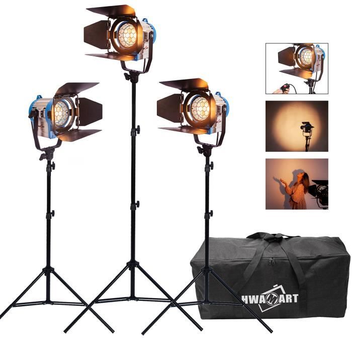 3x300W 3200K Fresnel Tungstène Spotlight Studio Projecteur Lumière Eclairage Continu Vidéo avec Trépieds, Sac et Halogène Ampoule