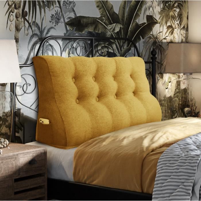 VERCART Coussin de Lecture Coussin de Tête de Lit Coussin à Coins Oreiller de Soutien du Dos Lin Jaune 140CM