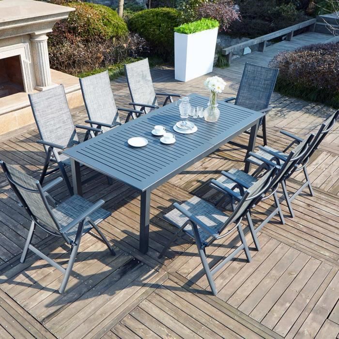 Salon de jardin - 10 personnes - BERANA - Concept Usine - extensible - Aluminium - Table Rectangle - 8 fauteuils - Gris