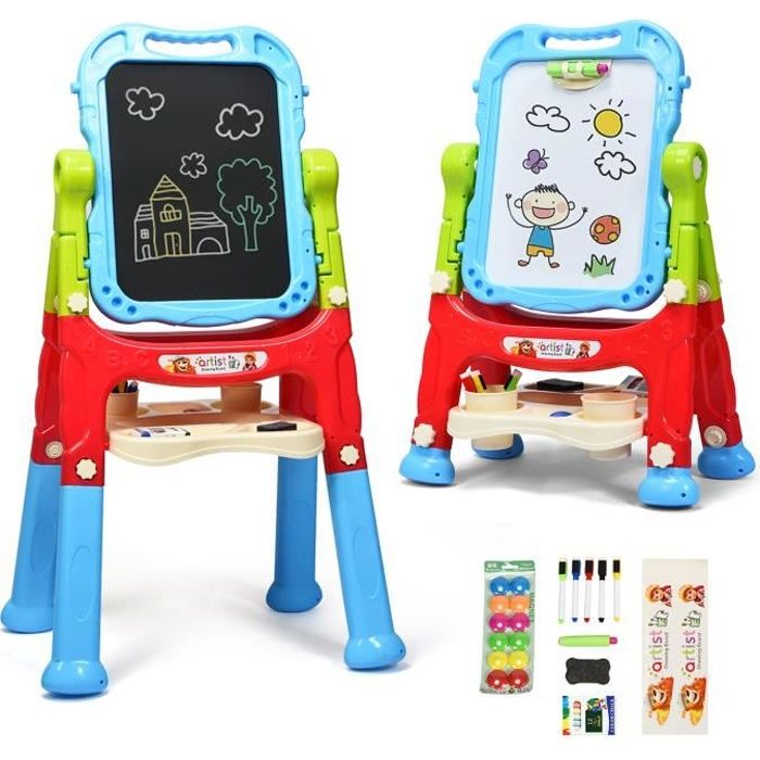 2 Niveaux de Réglage en Hauteur Chevalet Enfant 3 Ans+-Ardoise Double Face- Tableau Blanc Tableau à Craie Coloré Plateau de Rangement Pivotant à 360° avec 23 Accessoires COSTWAY Tableau Enfant