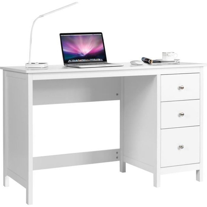 bureau informatique costway - style moderne blanc - 3 tiroirs - grande surface de travail