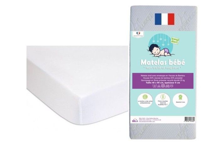 Matelas 40x90 + 2 prot&egrave;ges matelas, al&egrave;ses coton bio blanc