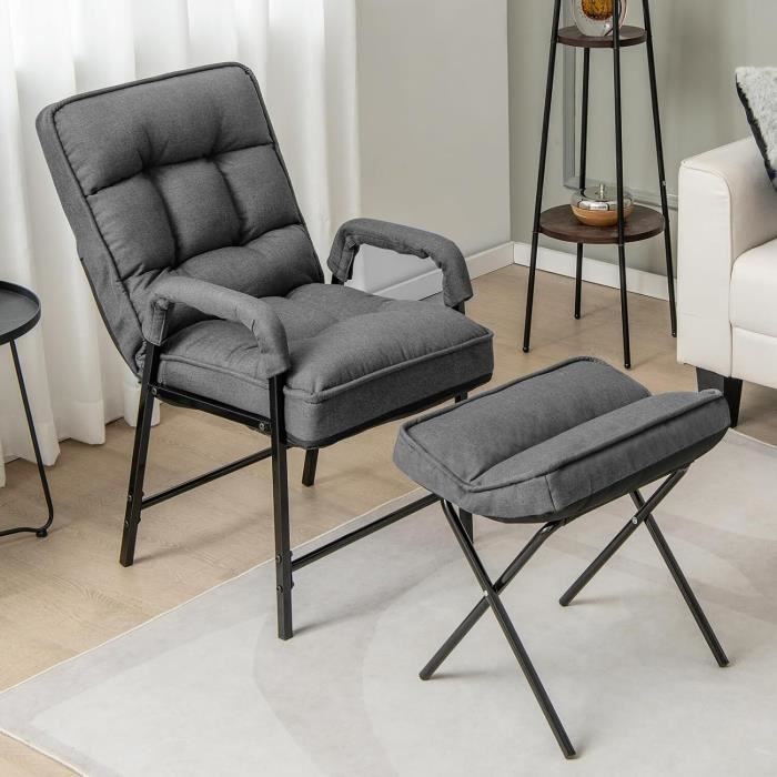 GIANTEX Fauteuil Relax avec Repose-Pied PliableDossier Réglable à 5 NiveauxFauteuil Rembourré Moderne pour Salon-BureauGris