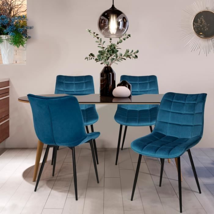 ID MARKET  Lot de 4 chaises MADY en velours bleu pour salle à manger
