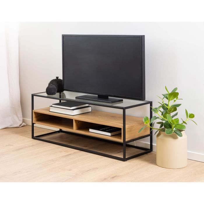 parker - meuble tv - bois, verre et métal noir - 120 cm - bois / noir