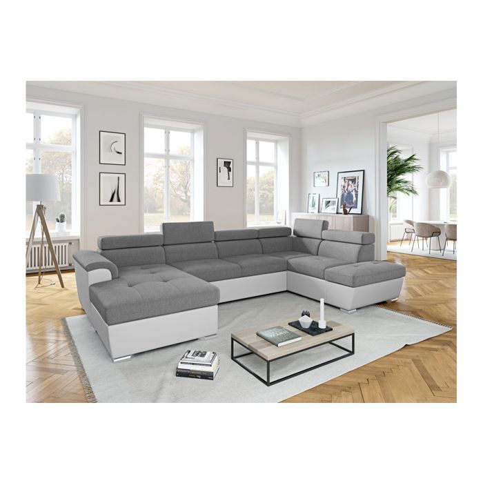 Canapé dangle Panoramique 6 places PAOLA convertible en Simili/Tissu Avec Coffres - Blanc/Gris - L322 x P196 x H76cm - LOUNGITUDE Canapé dangle Panoramique 6 places PAOLA convertible en Simili/Tissu Avec Coffres - Blanc/Gris - L322 x P196 x H76cm - LOUNGITUDE