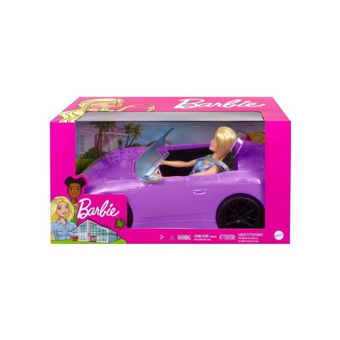 Barbie voiture décapotable Mauve + poupée mannequin - Auto Sportive - Set Véhicule Cabriolet Jouet Fille + Carte