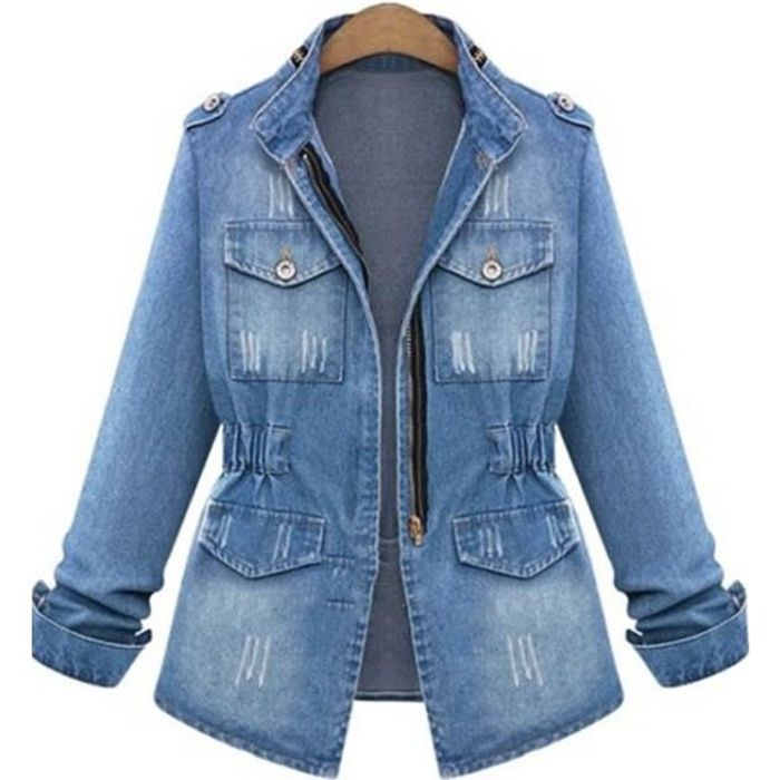 Blouson Femme en Denim Veste Jean Bombers Jacket - Bleu - Grande Taille