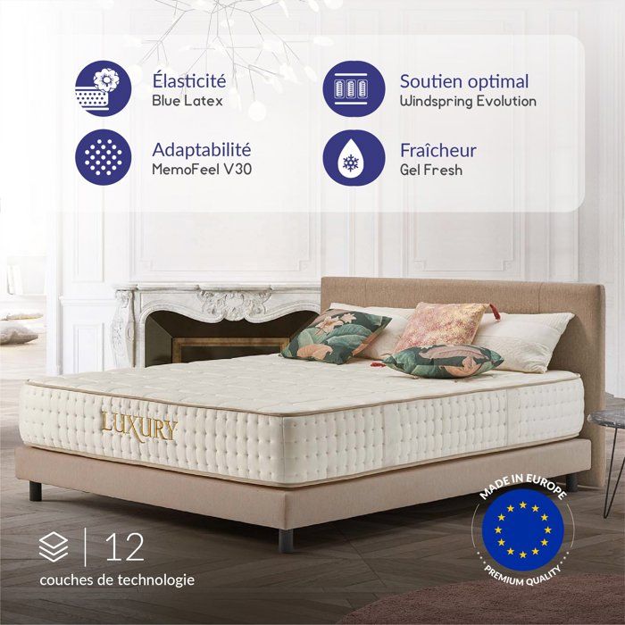Matelas 140x190 cm - Luxury - Matelas Ressorts Ensachés Hybrid Mousse mémoire HR Blue Latex Mi-ferme Réversible Très épais 30 Matelas 140x190 cm - Luxury - Matelas Ressorts Ensachés Hybrid Mousse mémoire HR Blue Latex Mi-ferme Réversible Très épais 30