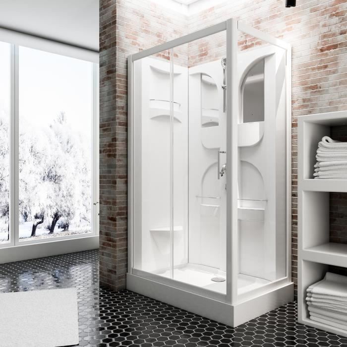 Cabine de douche intégrale complète, 120 x 80 x 210 cm, verre de sécurité transparent 5 mm, face arrière et profilés blancs,