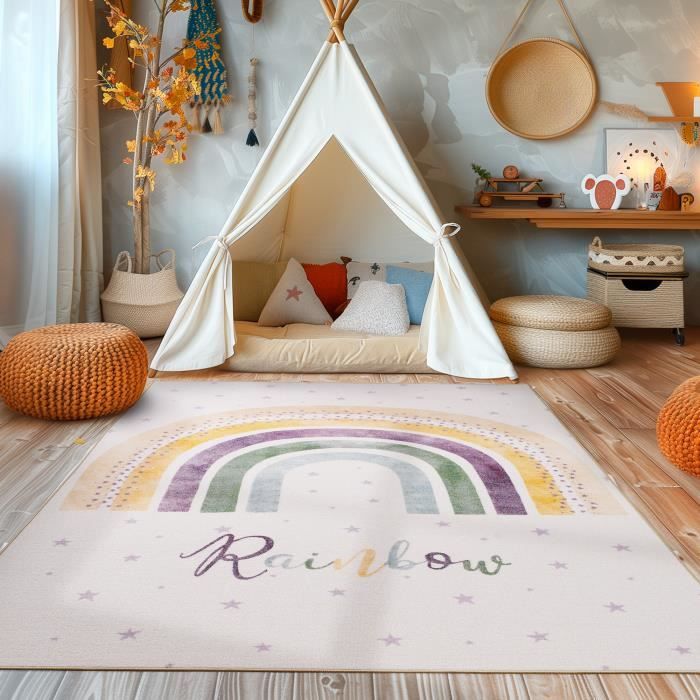 Tapis Rond Enfant Tapis Jeu Rond Enfant ZOYIEP - Motif Arc-en-ciel 100x100cm Tapis De Chambre