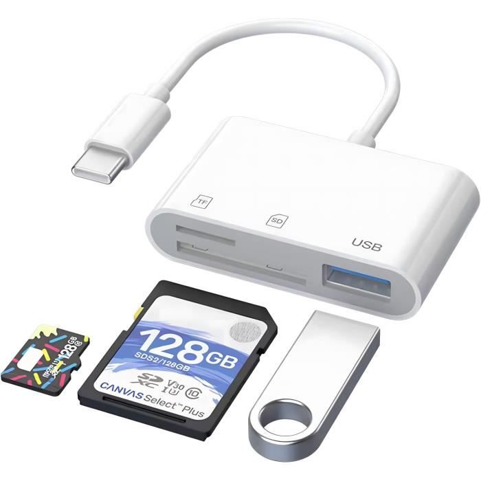 Lecteur de carte USB-C vers SD, lecteur de carte Micro SD TF de type C,  adaptateur 3 en 1 USB-C vers USB pour appareil photo, lecteur de carte  mémoire pour MacBook Pro/Air