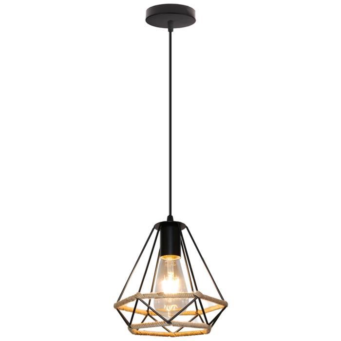 Suspension Luminaire Industrielle Cage Diammant en Corde de Chanvre E27 40W Noir - WOTTES - UNI