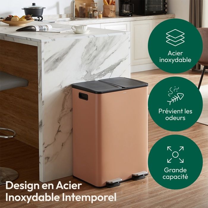 Poubelle Double 18L Avec Couvercle à Ouverture Manuelle - Pour Tri Sélectif Déchets Secs/humides, Design Compact - 9