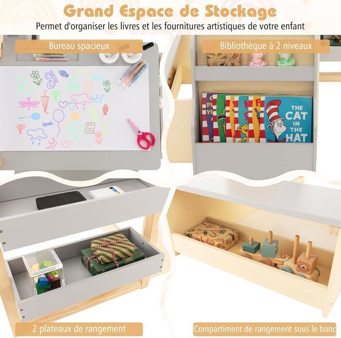 GOPLUS Bureau Enfant Fille Garcon avec Banc, 3 en 1 Tableau Chevalet Enfant Double Face Ajustable, Table de Dessin en Bois avec Rouleau de Papier, Tableau Blanc/Noir, Charge 50KG, Gris Clair GOPLUS Bureau Enfant Fille Garcon avec Banc, 3 en 1 Tableau Chevalet Enfant Double Face Ajustable, Table de Dessin en Bois avec Rouleau de Papier, Tableau Blanc/Noir, Charge 50KG, Gris Clair