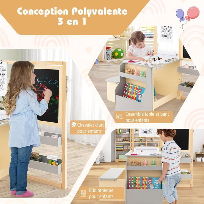 Table Enfant 2 En 1 Avec Chaise - Tableau Magnétique Et Espace Construction, âge 3+