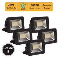 Lot de 5 projecteurs LED 20W 1700 LM 3000K IP65 - LUTECE - Noir - Blanc chaud - Extérieur