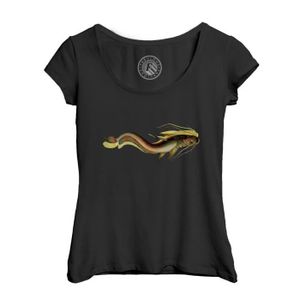 T-SHIRT T-shirt Femme Col Echancré Noir Poisson Long Minimaliste Biologie Illustration Ancienne
