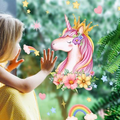 Stickers Fenêtre LICORNE PRINCESSE Rose Réutilisable (54x40