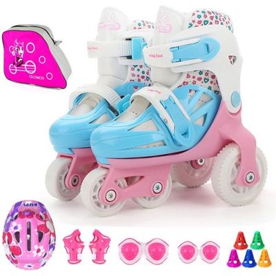 WINBST Patins à roulettes pour enfants, rollers débutants, double frein et  lumière réglable, roues avec barriques et accessoires