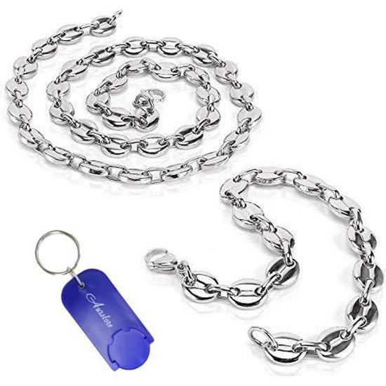 Parure Homme Chaîne 56cm + Bracelet 21cm En Graine De Café - Acier Inoxydable, Argenté - Cadeau Original