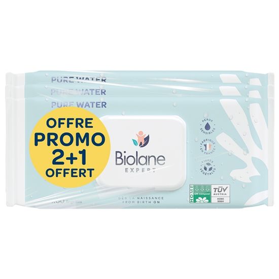 Lingettes Bébé Biolane Pure Water - Lot 3x48 - Eau Purifiée 99.9% - Peaux Sensibles