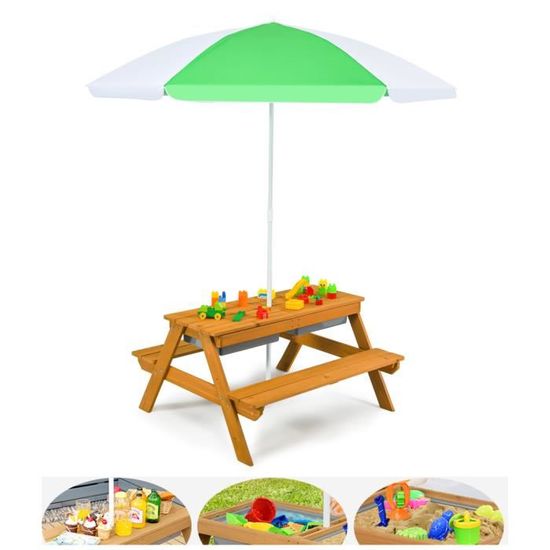 Table de pique-nique pour enfants COSTWAY avec parasol et boîtes pour sable et eau