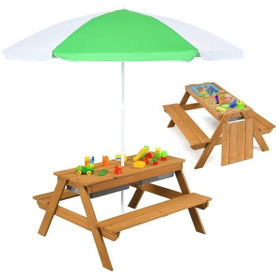 COSTWAY Table et 2 Bancs pour 4 Enfants avec Parasol , 2 Boîtes pour Sable & Eau COSTWAY Table et 2 Bancs pour 4 Enfants avec Parasol , 2 Boîtes pour Sable & Eau