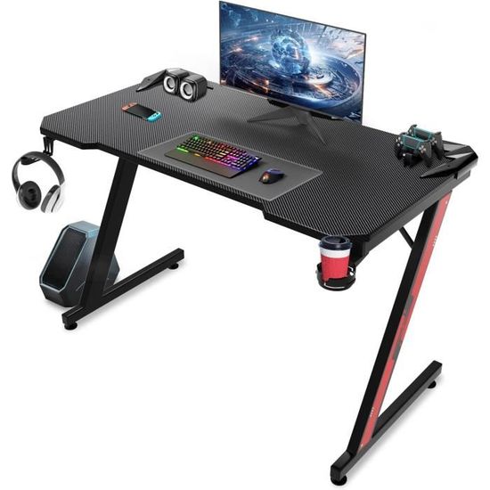 Bureau Gamer KESSER Z-Frame 140 Cm - Blanc - Table Gaming Ergonomique Avec Porte-Gobelet & Crochet Casque